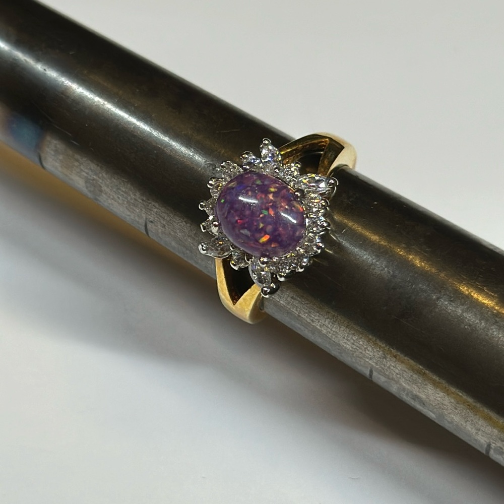Purple Glass Opal and CZ Cocktail Ring - Gold Plated, Size 8, New
